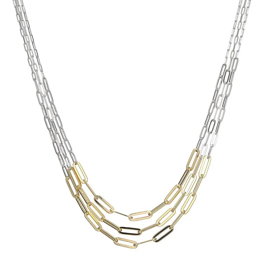 Sterling Silver Necklace made with 3 String Paperclip Chains, Measures 16″, 17″ and 18″ Long, Plus 2″ Extender for Adjustable Length, 2 Tone, Rhodium and Yellow Gold Finish