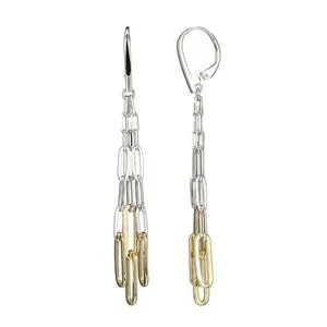 Sterling Silver Earrings with 3 String Paperclip Chains, Lever Back, 2 Tone, Rhodium and Yellow Gold Finish