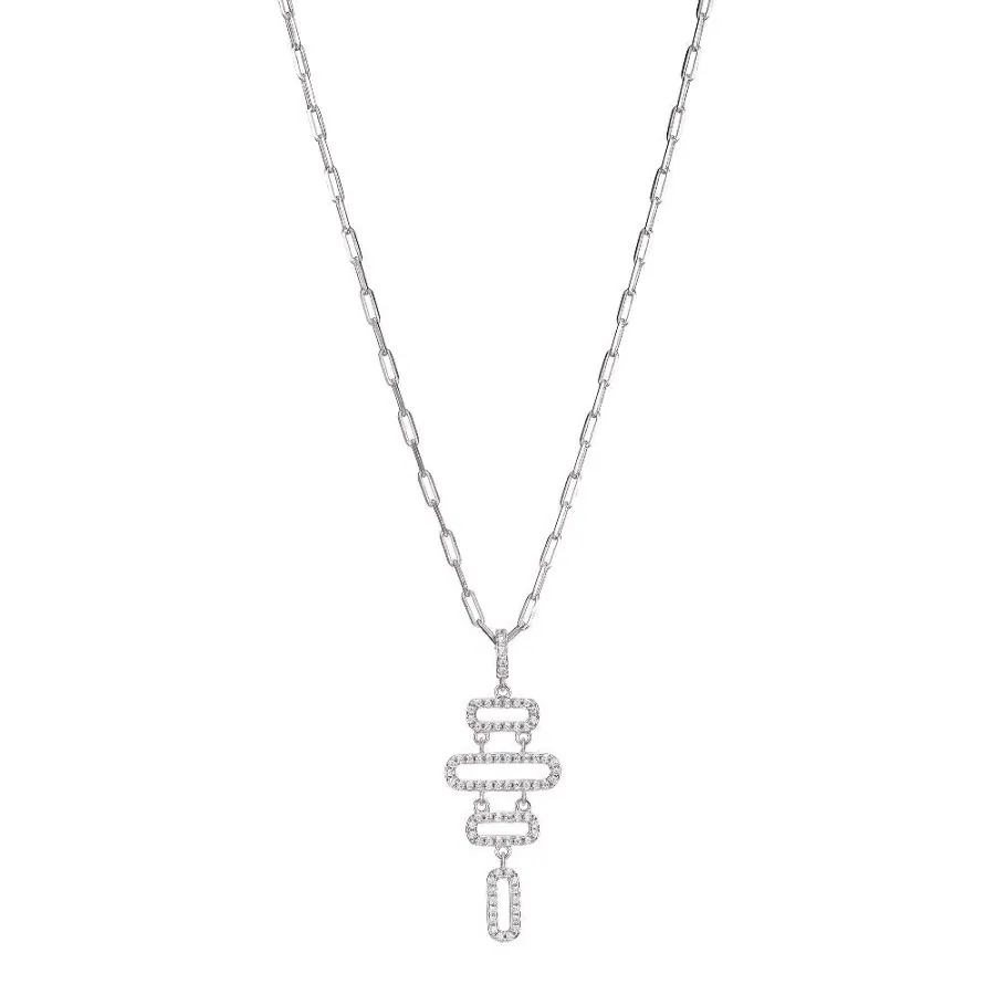 Sterling Silver Necklace made with Paperclip Chain (2mm) and Multi CZ Paperclip Links Pendant, Measures 17″ Long, Plus 2″ Extender for Adjustable Length, Rhodium Finish