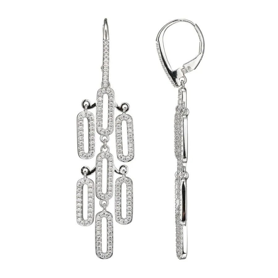 Sterling Silver Drop Earrings with CZ, CZ Lever Back, Rhodium Finish