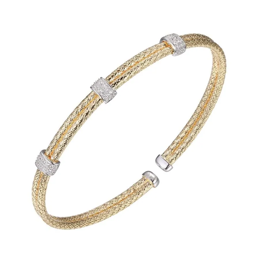 Sterling Silver Double 2mm Mesh Cuff with CZ, 2 Tone, 18K Yellow Gold and Rhodium Finish