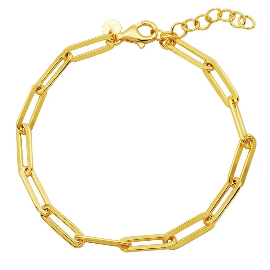 Sterling Silver Bracelet made with Paperclip Chain (5mm), Measures 6.75″ Long, Plus 1.25″ Extender for Adjustable Length, 18K Yellow Gold Finish
