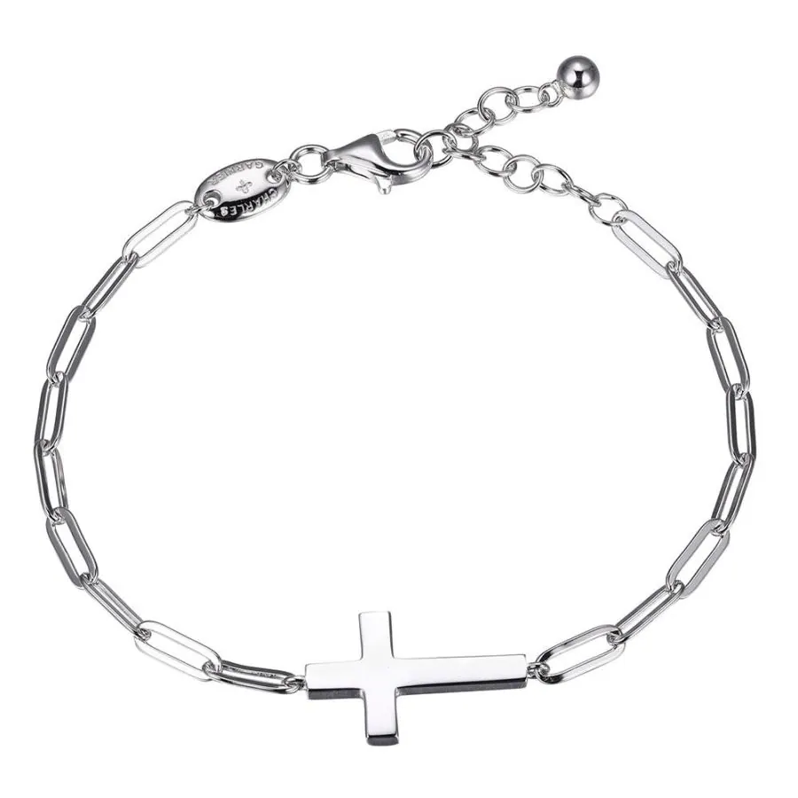 Sterling Silver Bracelet made with Paperclip Chain (3mm) and Cross in Center, Measures 6.75″ Long, Plus 1.25″ Extender for Adjustable Length, Rhodium Finish