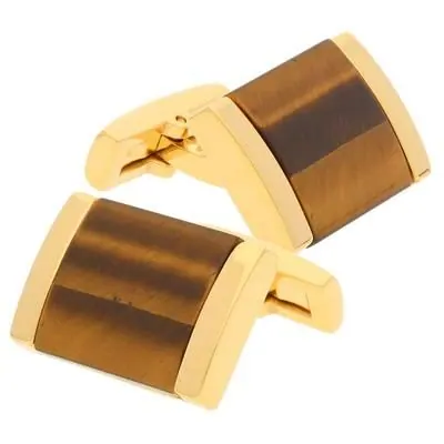 316L Stainless Steel Cuff Links with TigerEye inlay and Gold Ion-Plating.