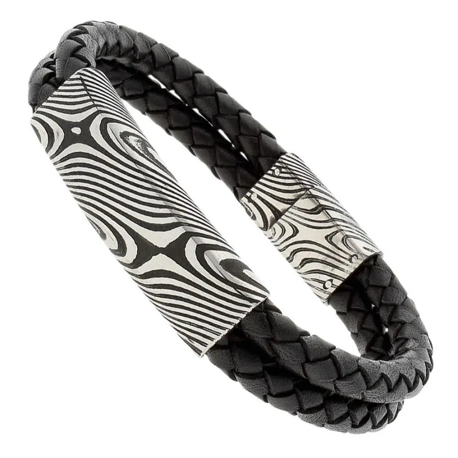 316L Stainless Steel Bracelet with Damascus Pattern. 8″ Braided Black Leather Strap with Secure Magnetic clasp.