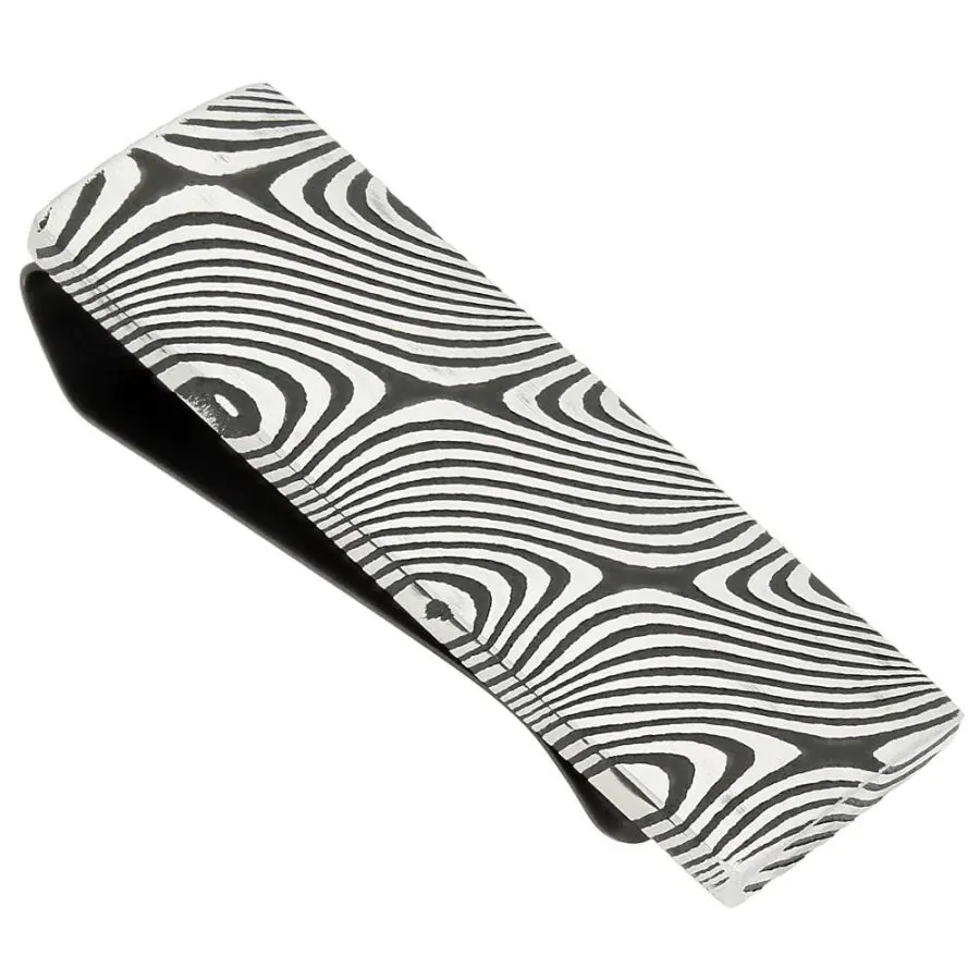 316L Stainless Steel Money Clip with Damascus Pattern and Black Ion-Plated Clip.