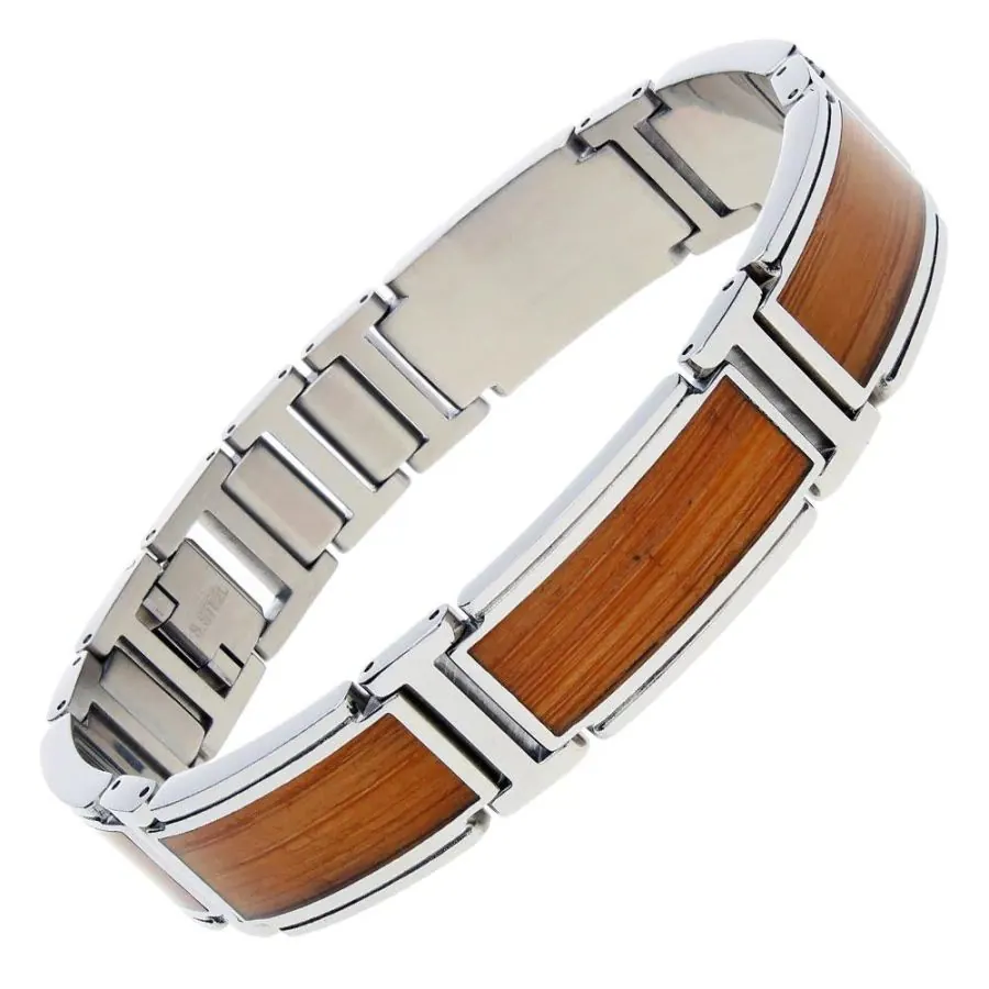 316L Stainless Steel Link Bracelet with Bamboo Inlay. Adjustable size 8″ – 8.5″