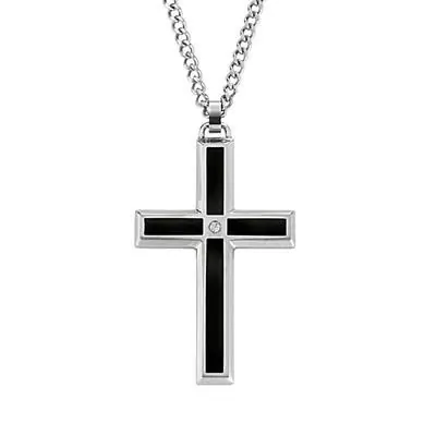 316L Stainless Steel Diamond Cross Pendant with Satin Finish and Black enamel, .03ct. 24″ inch chain