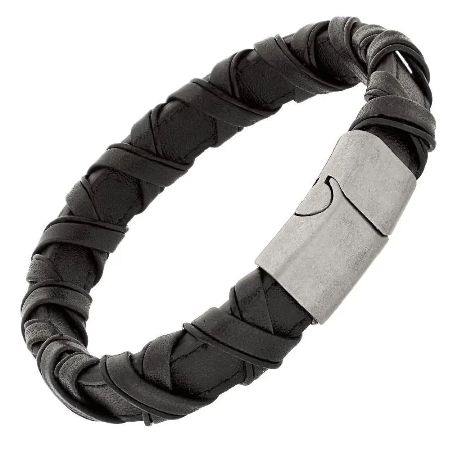 Black Leather Woven Bracelet with Magnetic 316L Stainless Steel Clasp. 8.5″