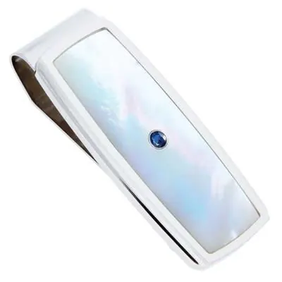 316L Stainless Steel Money Clip with Mother of Pearl Inlay and Created Sapphire