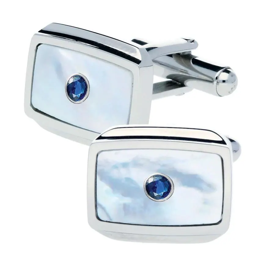 316L Stainless Steel Cufflinks with Mother of Pearl Inlay and Created Sapphire