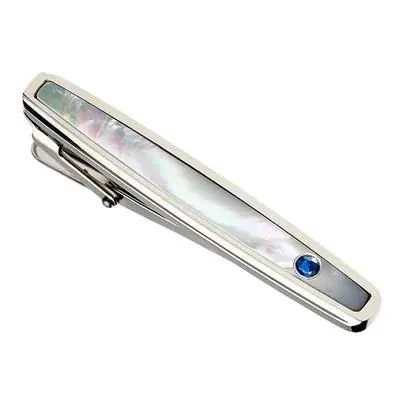 316L Stainless Steel Tie Bar with Mother of Pearl Inlay and Created Sapphire