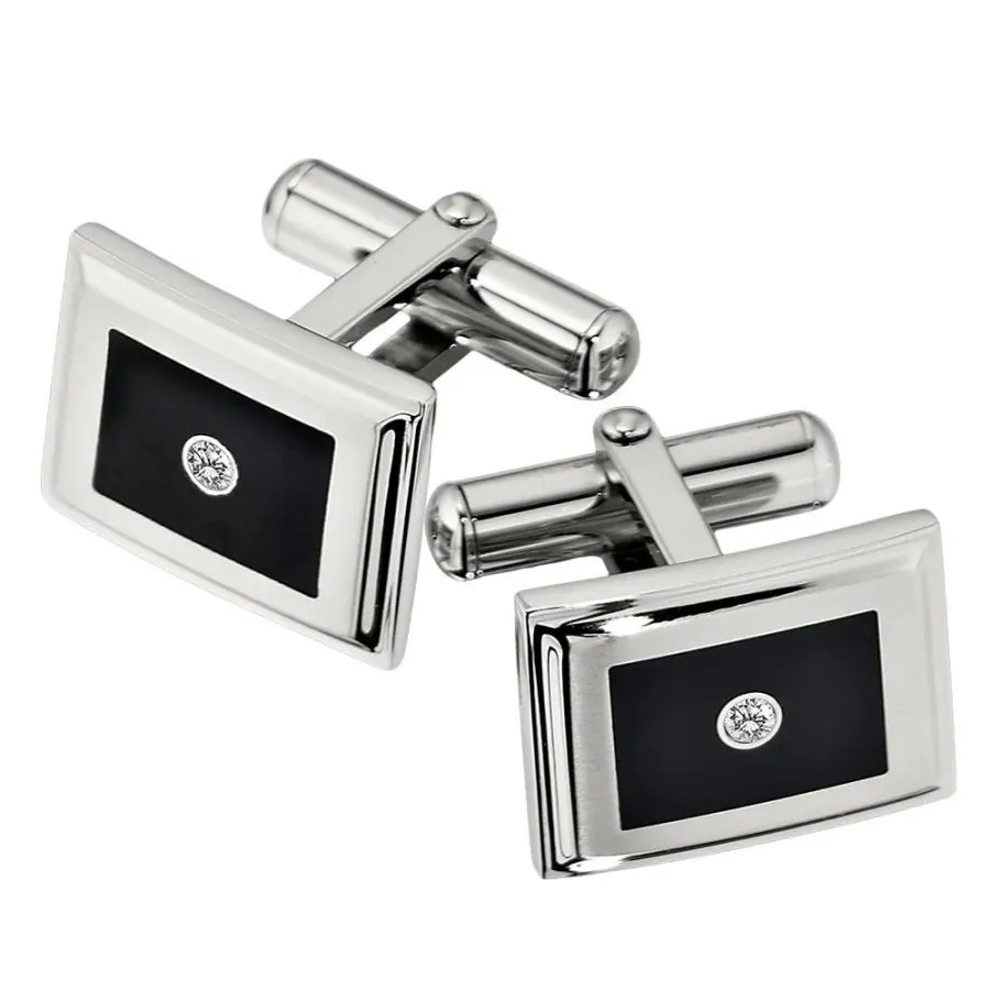316L Stainless Steel Diamond Cufflinks with Satin Finish and Black Enamel. .06ct TWD