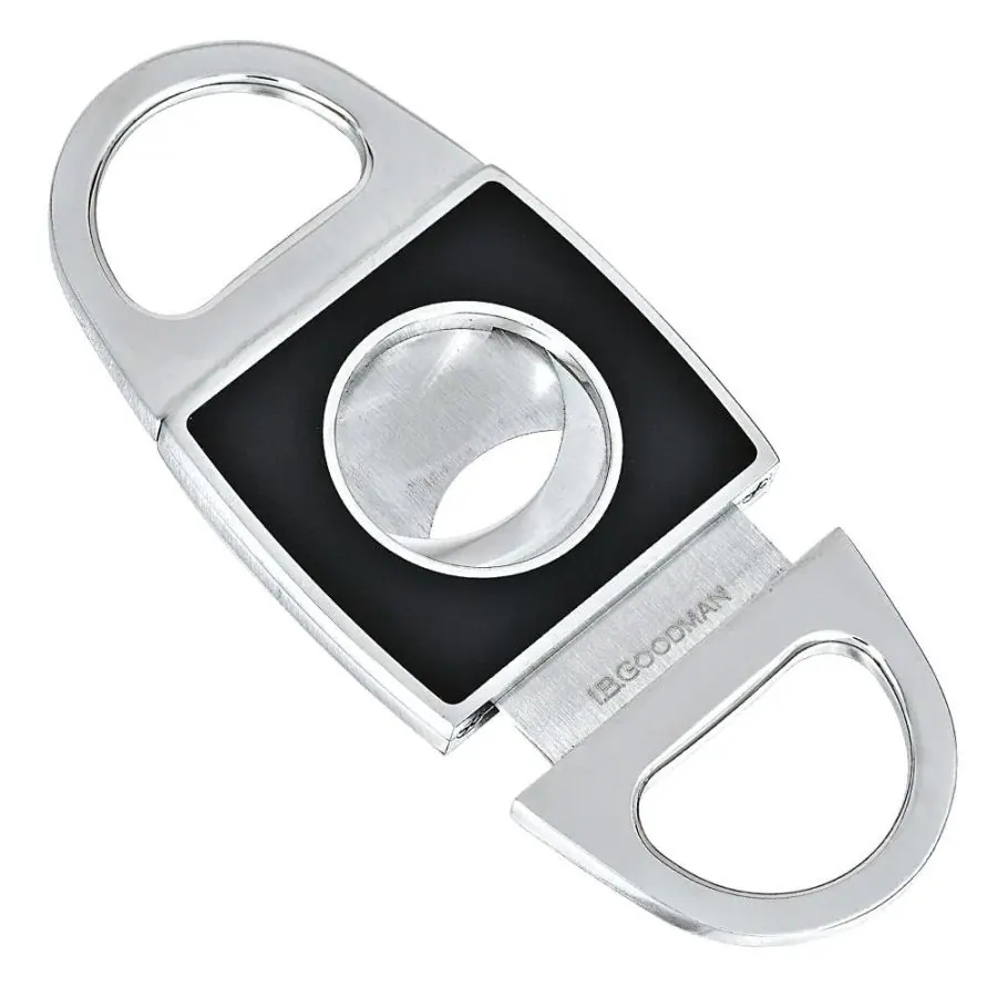 316L Stainless Steel Cigar Cutter with High Carbon Steel Blade, Satin Finish and Black enamel.