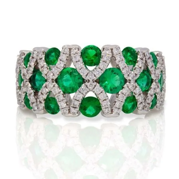 18K White Gold Quilted Patterned Emerald and Diamond Band