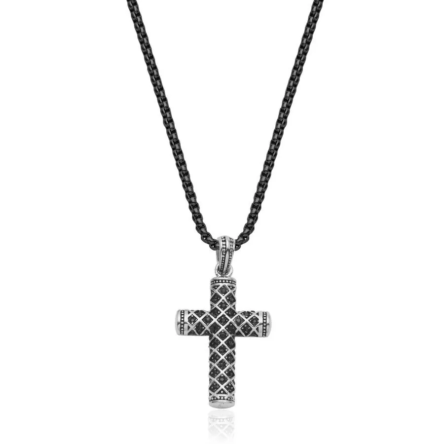 STEELX CROSS PENDANT WITH BLACK CZ. 24″