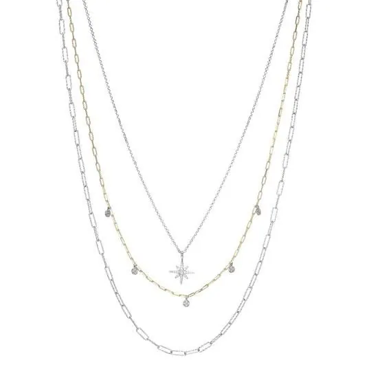 Sterling Silver 3 Layered Necklace (can be Reassembled) with Paperclip Chain, Rolo chain and CZ, Measures 16″, 18″ and 21″ Long, Plus 2″ Extender for Adjustable Length, 2 Tone, Rhodium and 18K Yellow Gold Finish