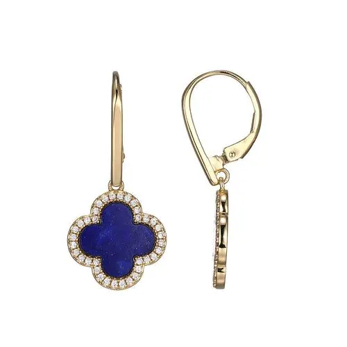 Sterling Silver Earrings made with Lapis Lazuli (11mm) and CZ, Lever Back, 18K Yellow Gold Finish