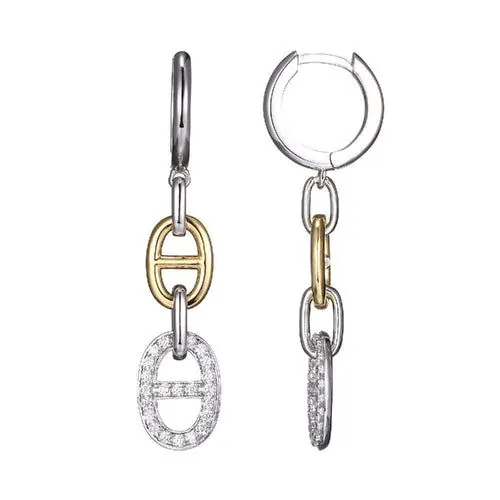 Sterling Silver Earrings made with CZ, Click-in Earring Top, 2 Tone, Rhodium and 18K Yellow Gold Finish