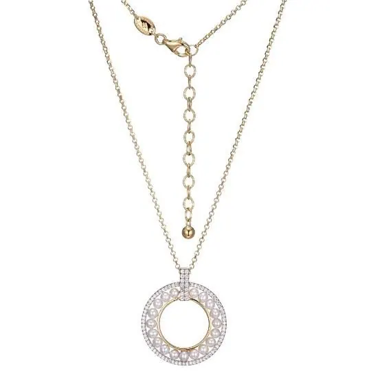 Sterling Silver Necklace made with Freshwater Pearls (2.5-3mm) and CZ Circle Pendant, Measures 17″ Long, Plus 2″ Extender for Adjustable Length, 2 Tone, 18K Yellow Gold and Rhodium Finish