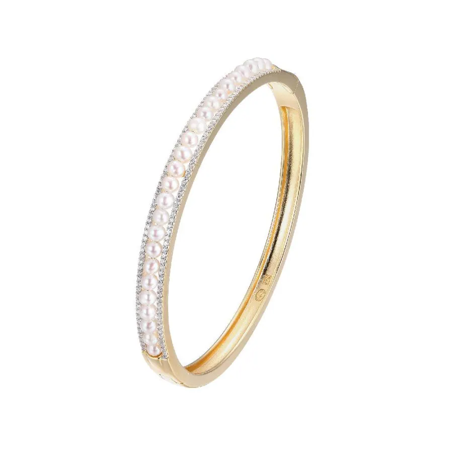 Sterling Silver Hinged Bangle made with Freshwater Pearls (2.5-3mm) and CZ, 2 Tone, 18K Yellow Gold and Rhodium Finish