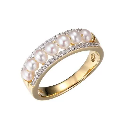 Sterling Silver Ring made with Freshwater Pearls (2.5-3mm) and CZ, 2 Tone, 18K Yellow Gold and Rhodium Finish, Size 6