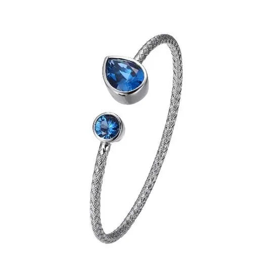 Sterling Silver 3mm Mesh Cuff with Synthetic Blue Spinel (PR 14x10mm &RD 7mm), Circumference 6.75″, Rhodium Finish