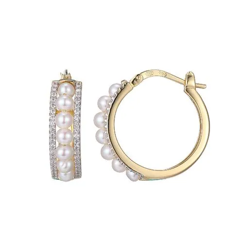 Sterling Silver Hoop Earrings made with Freshwater Pearls (2.5-3mm) and CZ, Snap Bar, 2 Tone, 18K Yellow Gold and Rhodium Finish