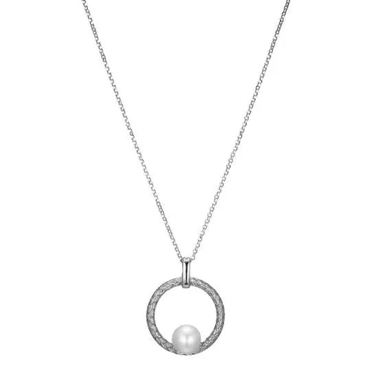 Sterling Silver Necklace made with Freshwater Pearl (9.5-10mm) in Mesh Circle (25x3mm) Pendant, Measures 17″ Long, Plus 2″ Extender for Adjustable Length, Rhodium Finish