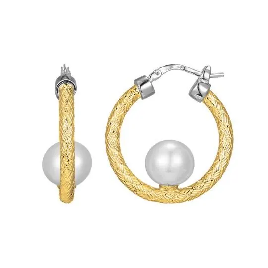 Sterling Silver Mesh Earrings (25x3mm) with Freshwater Pearls (Size 9.5-10mm), Snap Bar, 2 Tone, 18K Yellow Gold and Rhodium Finish