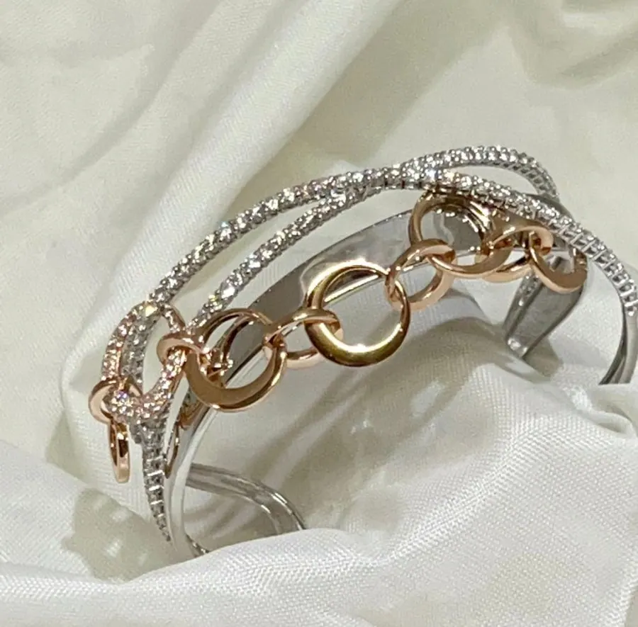 18k Rose & White Gold Oro Trend Italian Diamond Bangle/ Bracelet.