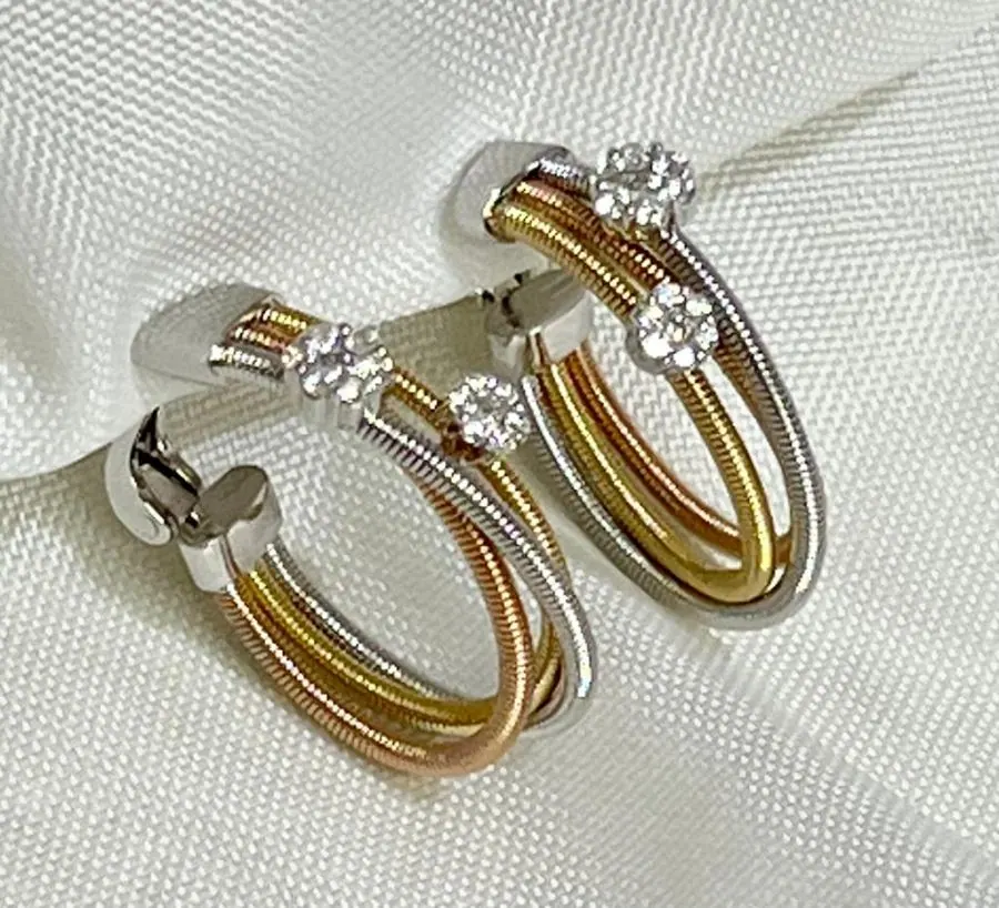 18K Whitw, Yellow & Rose Gold Oro Trend Italian Diamond Earrings.