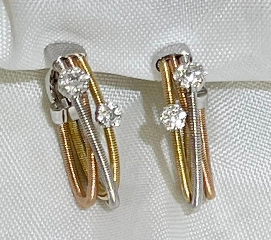 18K Whitw, Yellow & Rose Gold Oro Trend Italian Diamond Earrings. view 2
