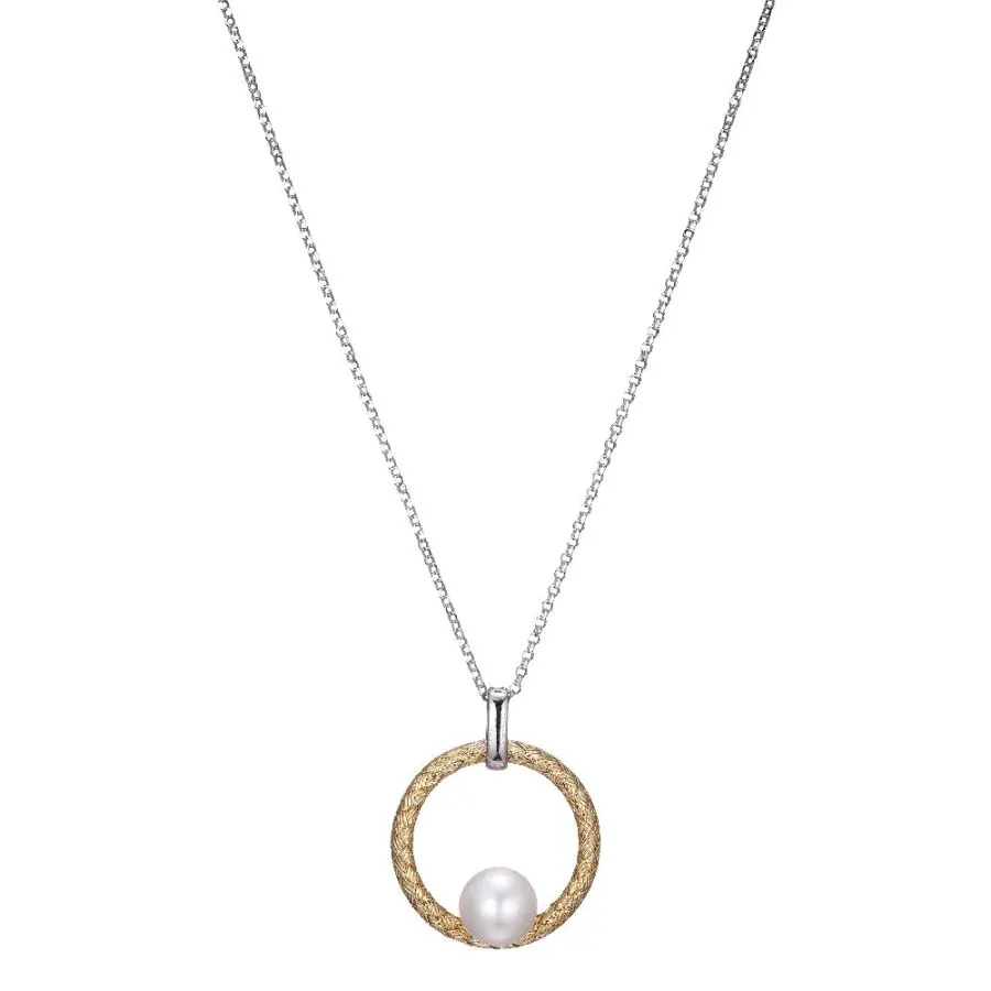 Sterling Silver Necklace made with Freshwater Pearl (9.5-10mm) in Mesh Circle (25x3mm) Pendant, Measures 17″ Long, Plus 2″ Extender for Adjustable Length, 2 Tone, 18K Yellow Gold and Rhodium Finish