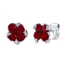 18K WHITE GOLD OVAL & PRINCESS RED RUBY FLOWER DIAMOND EARRING