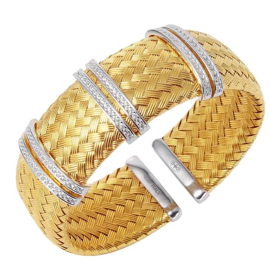 Charles Garnier Sterling Silver 23mm Mesh Cuff with CZ, 2 Tone, 18K Yellow Gold and Rhodium Finish