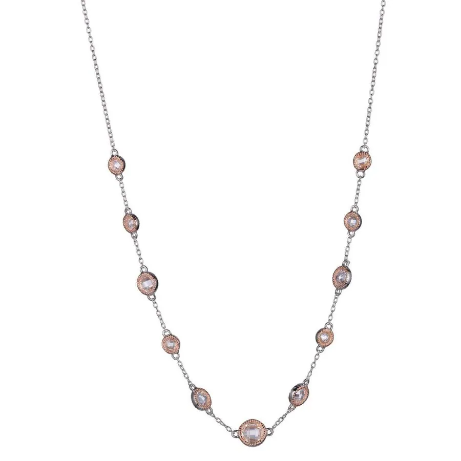 ELLE Necklace# N0625SS RHOD PLTD ROSE(GP40) NECK CZ (F-C)RD5MM & (F-C)RD4MM & (F-C)RD3MM 16″ EXTENSION 2″ CZ (MEDIUM ) : 3 / 16 ” ( SMALL ) : 1 / 8 “