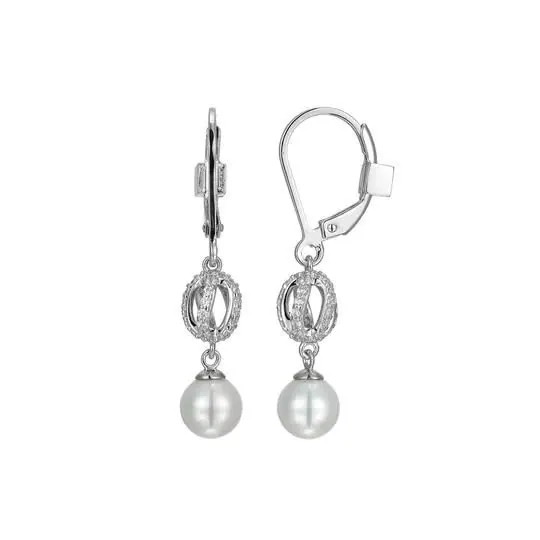 ELLE “Luna” Rhodium Plated F.W. Pearl and Cubic Zirconia Drop Leverback Earrings