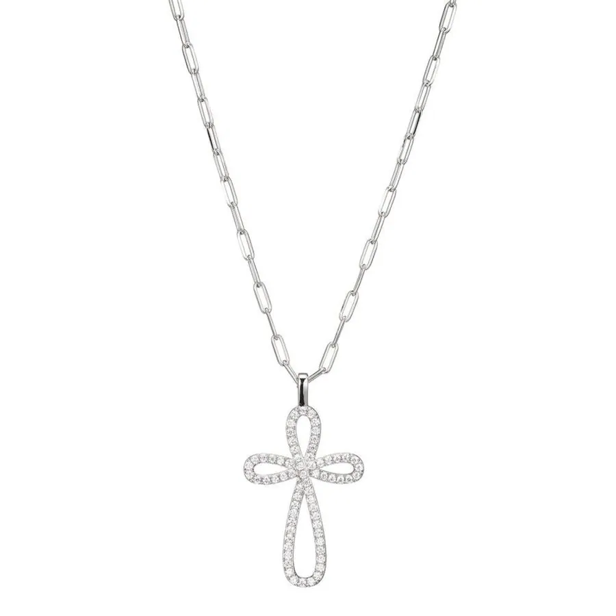ELLE Sterling Silver Paperclip Chain Necklace with CZ Cross Pendant