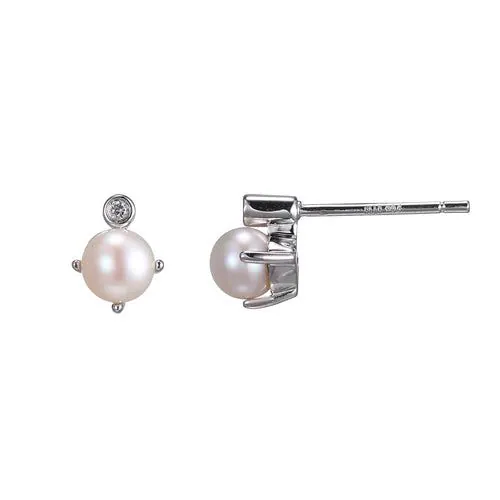 14K Gold Elle “Birthstone” Rhodium Plated Genuine Freshwater Pearl and Lab Grown Diamond Earrings