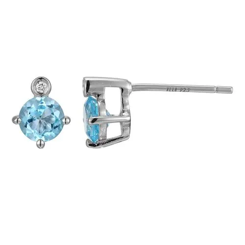 Elle Birthstone Rhodium Plated Genuine Swiss Blue Topaz and Lab Grown Diamond Earrings
