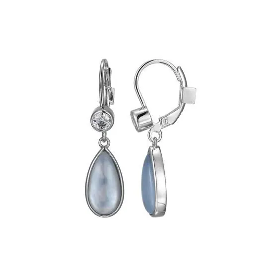 ELLE **Ethereal Drops** Rhodium Plated Synthetic Blue Topaz and White Mother of Pearl Doublet with Cubic Zirconia Drop Earrings