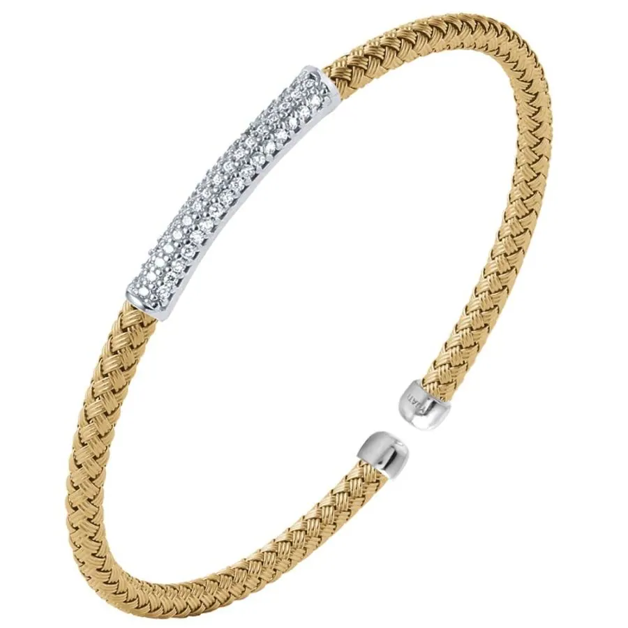 Charles Garnier Sterling Silver 4mm Mesh Cuff with CZ, 2 Tone, 18K Yellow Gold and Rhodium Finish