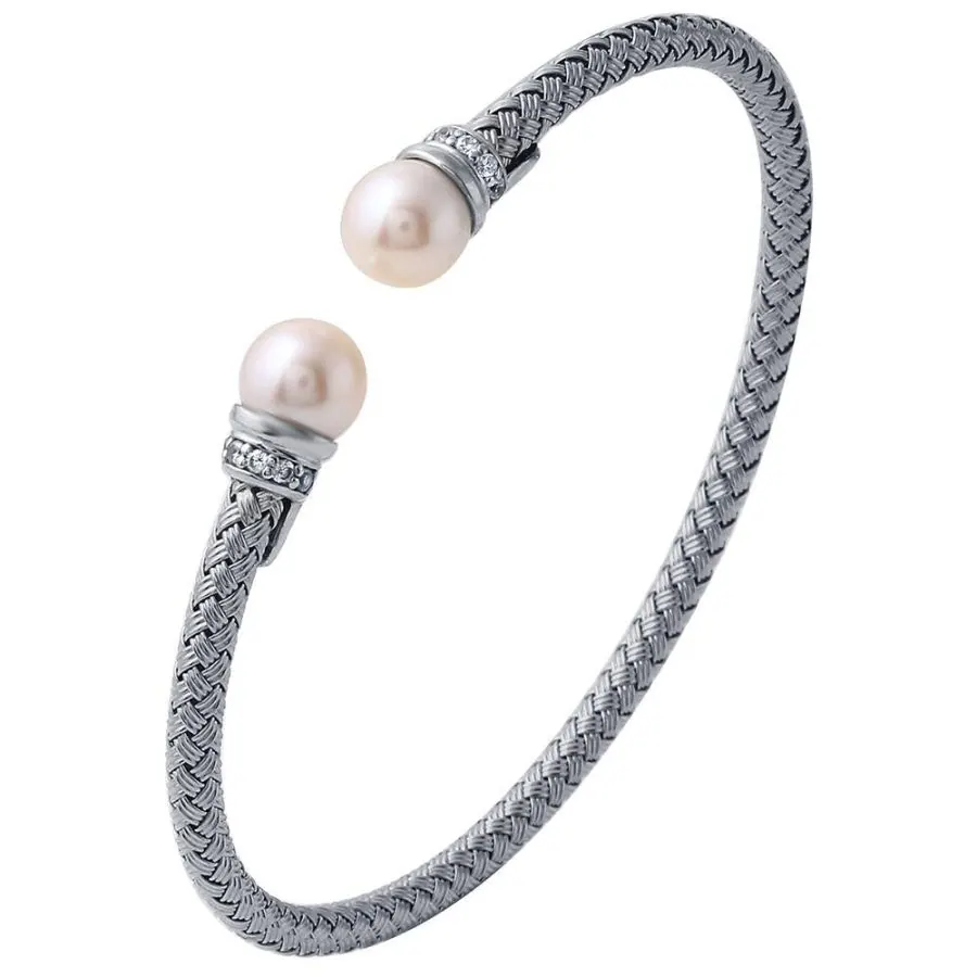 Charles Garnier Sterling Silver 4mm Mesh Cuff with Freshwater Pearl and CZ, Rhodium Finish