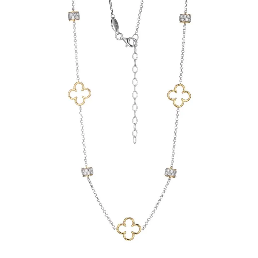 Charles Garnier Sterling Silver Necklace With CZ Rondelle Clover Stations