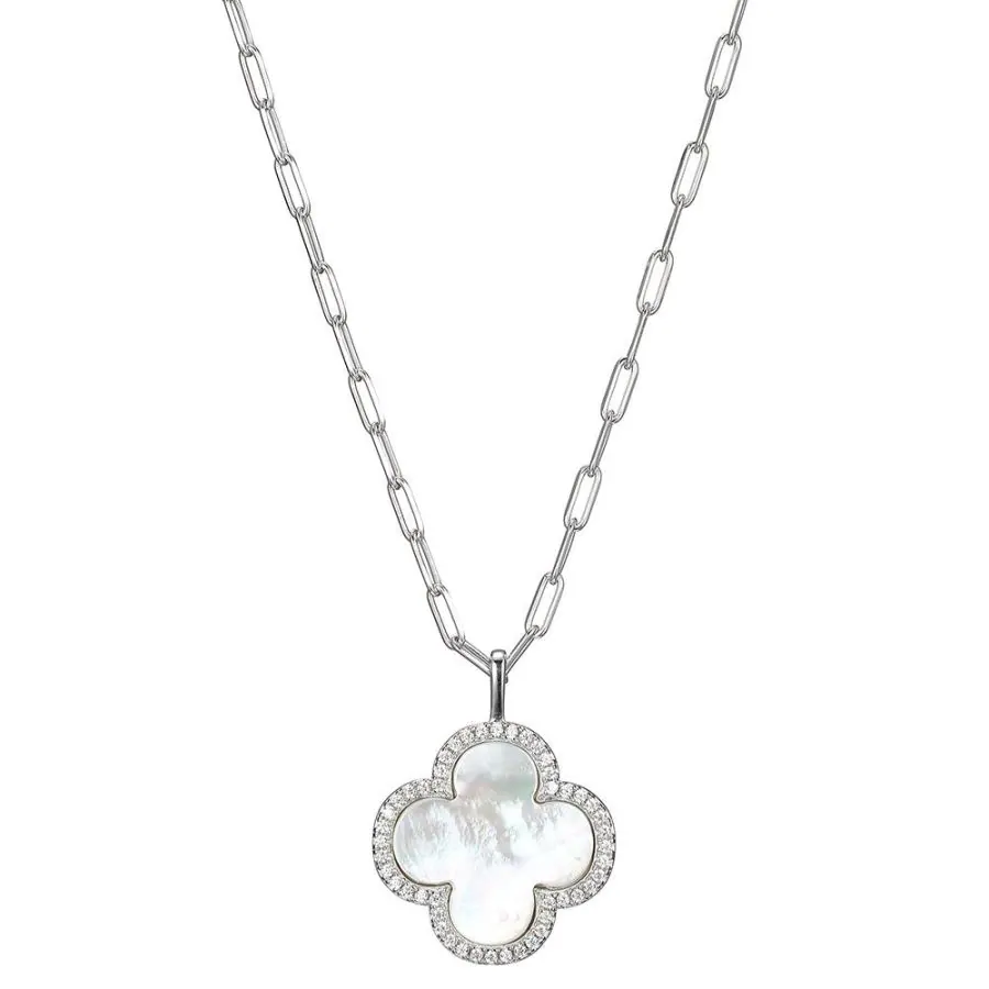 Charles Garrnier MOP Sterling Silver Paperclip Chain Clover Pendant Necklace
