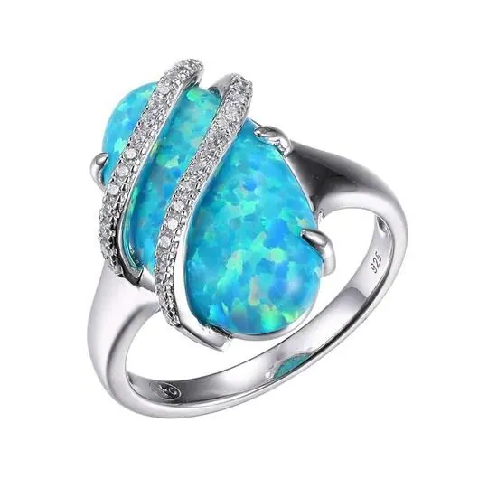 Charles Garnier 6mm Blue Opal and CZ Ring in Sterling Silver