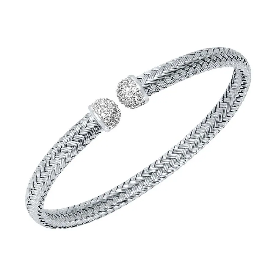 Charles Garnier Sterling Silver 6mm Mesh Cuff with CZ & Rhodium Finish