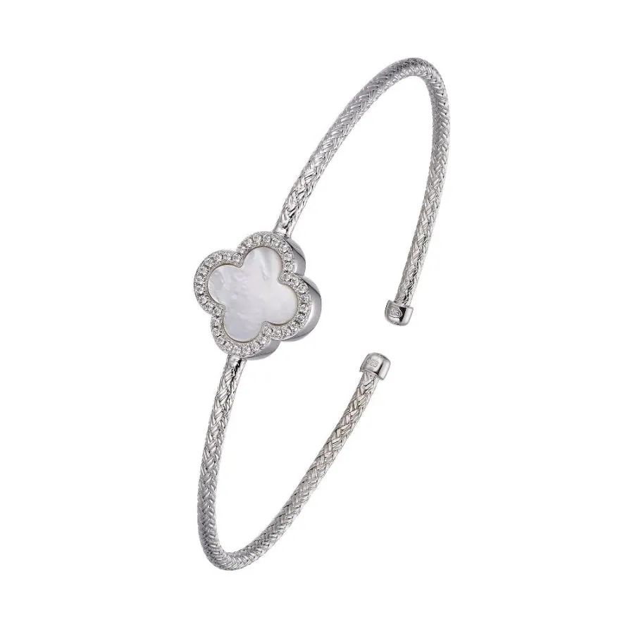 Charles Garnier Sterling Silver 2mm Mesh Cuff with White Mother of Pearl Clover and CZ