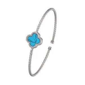 Charles Garnier Sterling Silver 2mm Mesh Cuff with Synthetic Turquoise (Clover Shape 11x11mm) and CZ, Circumference 6.75″, Rhodium Finish*